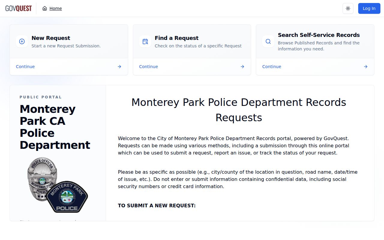 Monterey Park public records portal for police and collision reports