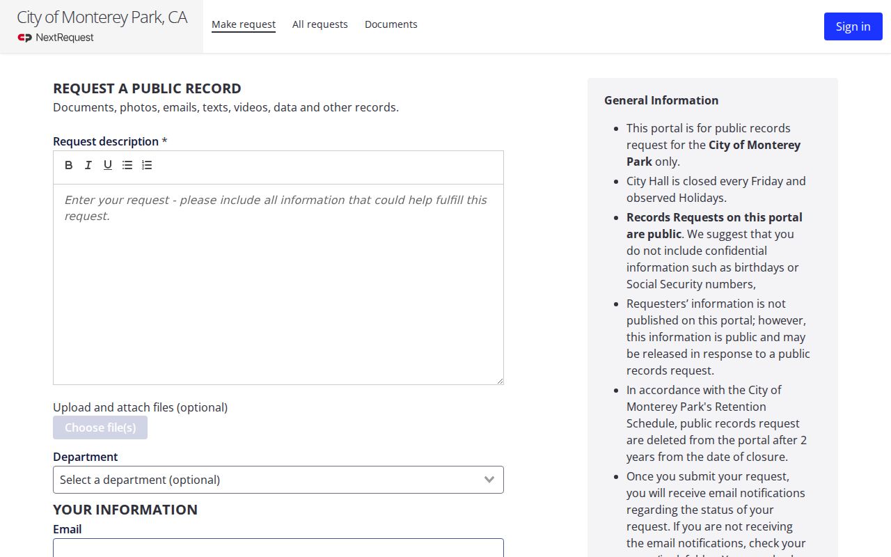 Monterey Park public records submission form in NextRequest
