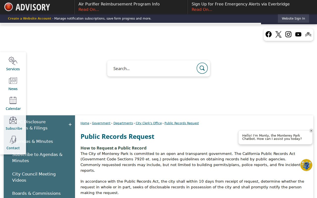 Monterey Park public records request page with city access channels