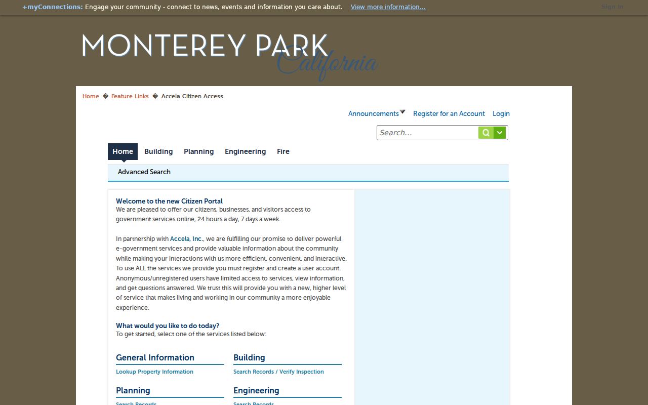 Monterey Park public records search in Accela Citizen Access